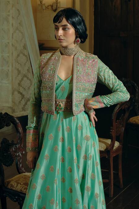 Aditi Gupta_Green Jacquard, Linen Pearls, Zardosi Embroidered Anarkali Set With Belt _Online_at_Aza_Fashions