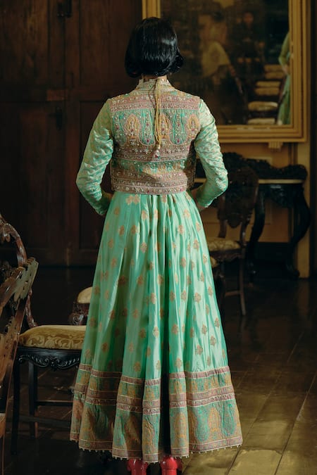 Shop_Aditi Gupta_Green Jacquard, Linen Pearls, Zardosi Embroidered Anarkali Set With Belt _at_Aza_Fashions