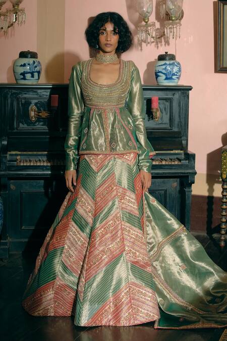 Buy Aditi Gupta Green Organza, Jacquard, Satin, Peplum Top With Skirt And Dupatta Set Online at Aza Fashions Buy_Aditi Gupta_Green Organza, Jacquard, Satin, Peplum Top With Skirt And Dupatta Set _Online_at_Aza_Fashions