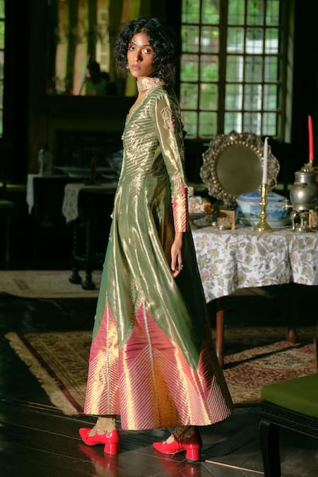 Aditi Gupta_Green Silk, Jacquard Embroidery, Sequins, Pearls Stripe Anarkali With Dupatta _Online_at_Aza_Fashions