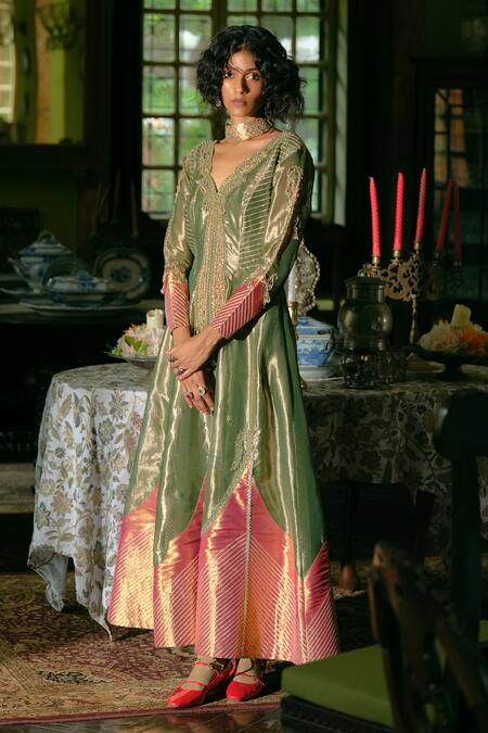 Buy_Aditi Gupta_Green Silk, Jacquard Embroidery, Sequins, Pearls Stripe Anarkali With Dupatta _Online_at_Aza_Fashions