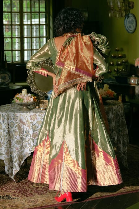 Shop_Aditi Gupta_Green Silk, Jacquard Embroidery, Sequins, Pearls Stripe Anarkali With Dupatta _at_Aza_Fashions