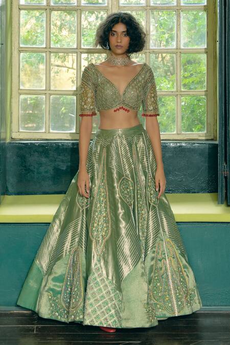 Buy Aditi Gupta Green Organza, Jacquard, Sequins, Embroidery, Pearls Zari Lehenga Set Online at Aza Fashions Buy_Aditi Gupta_Green Organza, Jacquard, Sequins, Embroidery, Pearls Zari Lehenga Set _Online_at_Aza_Fashions