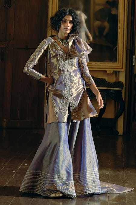 Aditi Gupta Purple Jacquard, Silk Pearls, Embroidery, Zari V-neck Kurta And Sharara Set Online at Aza Fashions Aditi Gupta_Purple Jacquard, Silk Pearls, Embroidery, Zari V-neck Kurta And Sharara Set _Online_at_Aza_Fashions