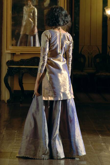 Shop Aditi Gupta Purple Jacquard, Silk Pearls, Embroidery, Zari V-neck Kurta And Sharara Set at Aza Fashions Shop_Aditi Gupta_Purple Jacquard, Silk Pearls, Embroidery, Zari V-neck Kurta And Sharara Set _at_Aza_Fashions