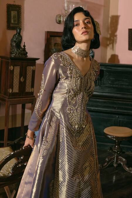 Aditi Gupta_Purple Jacquard, Silk Pearls, Diamonds, Zari Kalidar Anarkali With Sharara _Online_at_Aza_Fashions