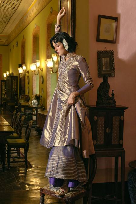 Buy_Aditi Gupta_Purple Jacquard, Silk Pearls, Diamonds, Zari Kalidar Anarkali With Sharara _Online_at_Aza_Fashions