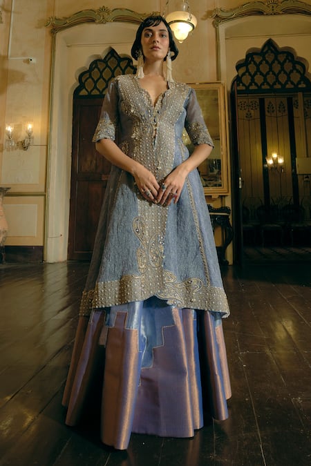 Aditi Gupta Blue Silk Zari Tissue Embroidery Paisley Blouse Plunge Jacket And Lehenga Set 