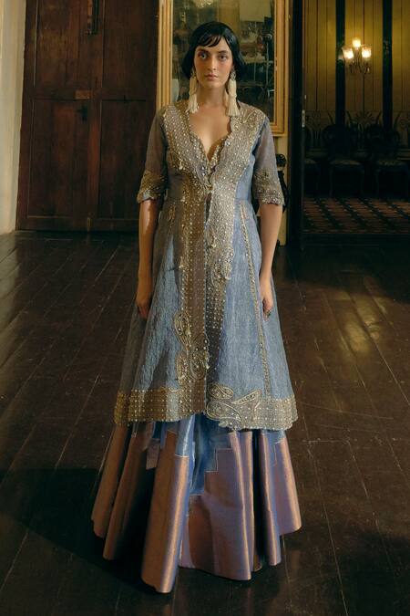 Aditi Gupta Blue , Satin, Jacquard Gota Paisley Embroidered Jacket And Lehenga Set Online at Aza Fashions Aditi Gupta_Blue , Satin, Jacquard Gota Paisley Embroidered Jacket And Lehenga Set _Online_at_Aza_Fashions