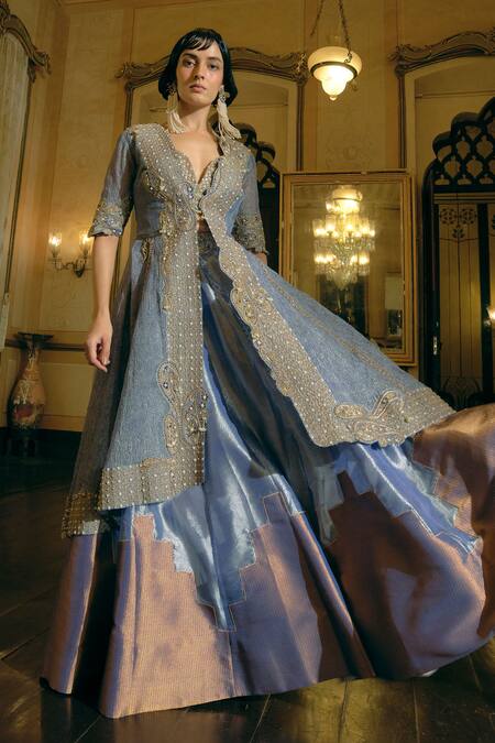 Shop Aditi Gupta Blue , Satin, Jacquard Gota Paisley Embroidered Jacket And Lehenga Set Online at Aza Fashions Shop_Aditi Gupta_Blue , Satin, Jacquard Gota Paisley Embroidered Jacket And Lehenga Set _Online_at_Aza_Fashions