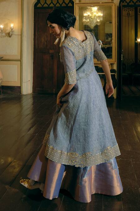 Aditi Gupta Blue , Satin, Jacquard Gota Paisley Embroidered Jacket And Lehenga Set at Aza Fashions Aditi Gupta_Blue , Satin, Jacquard Gota Paisley Embroidered Jacket And Lehenga Set _at_Aza_Fashions