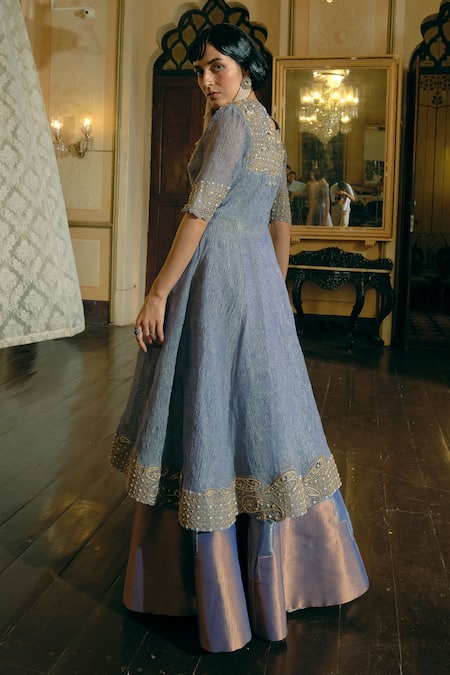 Shop Aditi Gupta Blue , Satin, Jacquard Gota Paisley Embroidered Jacket And Lehenga Set at Aza Fashions Shop_Aditi Gupta_Blue , Satin, Jacquard Gota Paisley Embroidered Jacket And Lehenga Set _at_Aza_Fashions