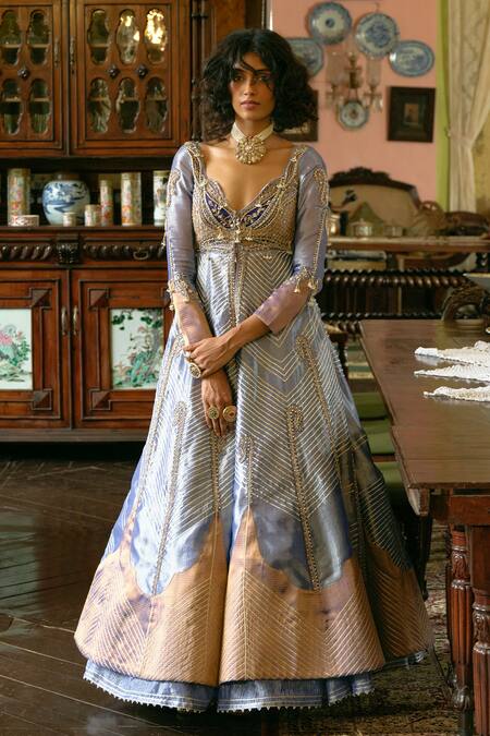 Aditi Gupta_Blue Jacquard, Silk Pearls, Zari Paisley Gota Embroidered Jacket And Lehenga Set _Online_at_Aza_Fashions