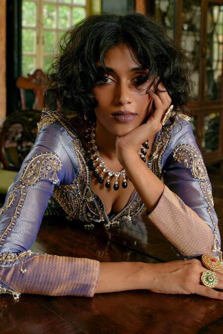 Buy_Aditi Gupta_Blue Jacquard, Silk Pearls, Zari Paisley Gota Embroidered Jacket And Lehenga Set _Online_at_Aza_Fashions