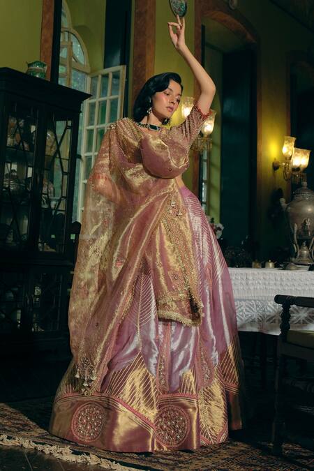 Buy Aditi Gupta Purple Jacquard, , Satin Diamonds, Paisley Zari Embroidered Lehenga Set Online at Aza Fashions Buy_Aditi Gupta_Purple Jacquard, , Satin Diamonds, Paisley Zari Embroidered Lehenga Set _Online_at_Aza_Fashions