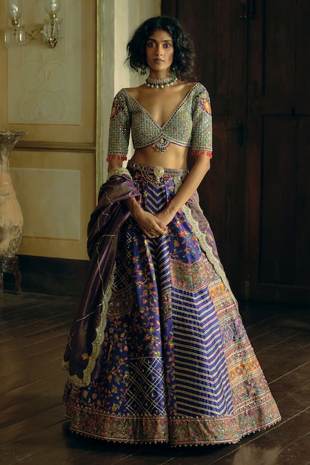 Aditi Gupta Jacquard Banarasi Floral Embroidered Bridal Lehenga Set 