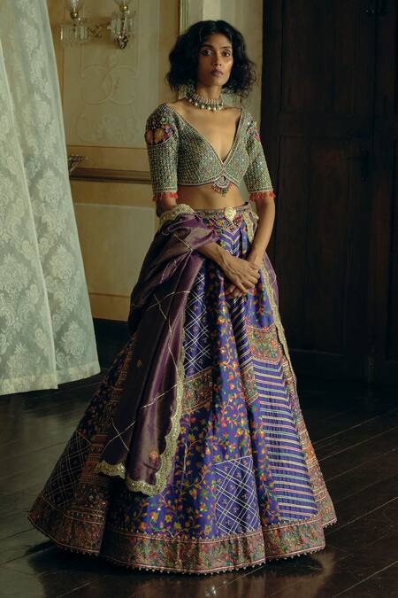 Aditi Gupta Purple Jacquard, Silk Pearls, Tassels, Banarasi Floral Bridal Lehenga Set Online at Aza Fashions Aditi Gupta_Purple Jacquard, Silk Pearls, Tassels, Banarasi Floral Bridal Lehenga Set _Online_at_Aza_Fashions