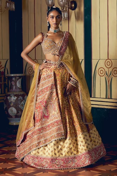 Aditi Gupta Yellow Silk Organza Jacquard Banarasi Embroidered Asymmetric Bridal Lehenga Set 