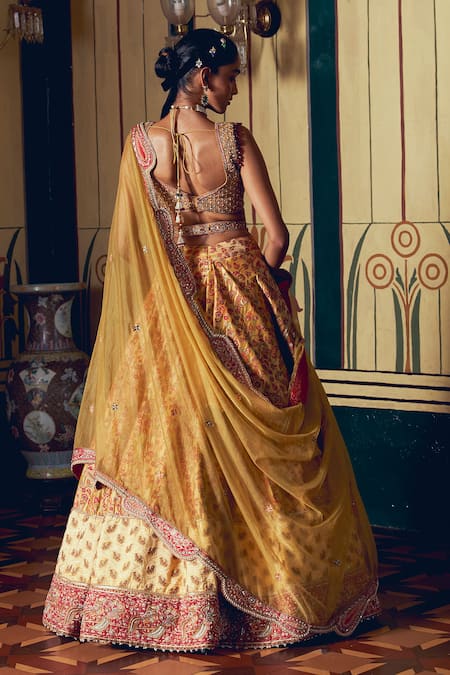 Aditi Gupta Jacquard Banarasi Floral Embroidered Asymmetric Bridal Lehenga Set 