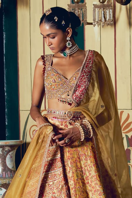 Aditi Gupta_Yellow Silk Organza, Banarasi Floral Embroidered Asymmetric Bridal Lehenga Set _Online_at_Aza_Fashions