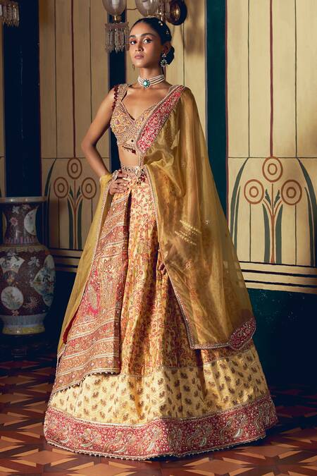 Buy_Aditi Gupta_Yellow Silk Organza, Banarasi Floral Embroidered Asymmetric Bridal Lehenga Set _Online_at_Aza_Fashions