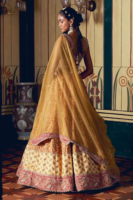 Shop_Aditi Gupta_Yellow Silk Organza, Banarasi Floral Embroidered Asymmetric Bridal Lehenga Set _Online_at_Aza_Fashions