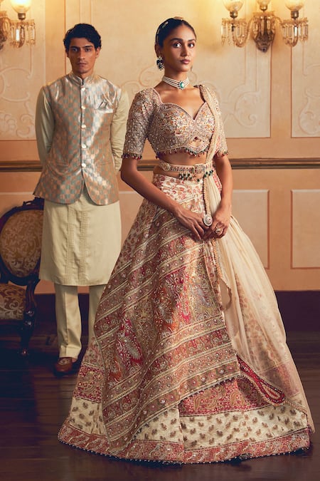 Buy Aditi Gupta Ivory Organza, Jacquard, Banarasi Zardosi Embroidered Lehenga Set Online at Aza Fashions Buy_Aditi Gupta_Ivory Organza, Jacquard, Banarasi Zardosi Embroidered Lehenga Set _Online_at_Aza_Fashions