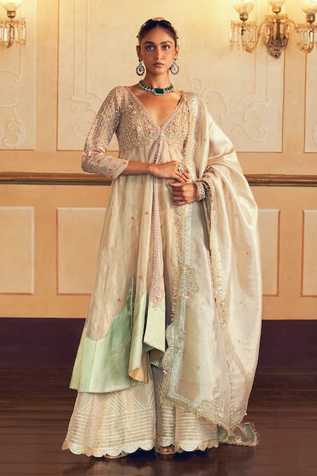 Aditi Gupta Gold Silk Zari Tissue Embroidery Floral V-neck Zardosi Jacket And Sharara Set 