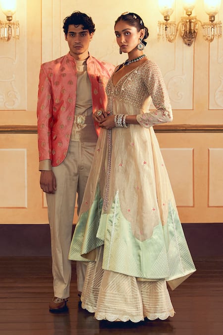 Aditi Gupta_Gold Silk, Jacquard Embroidery, Zari, Lace V-neck Zardosi Jacket And Sharara Set _Online_at_Aza_Fashions