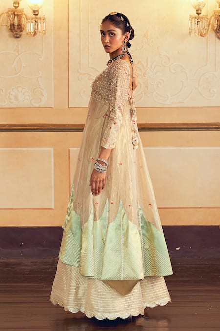 Buy_Aditi Gupta_Gold Silk, Jacquard Embroidery, Zari, Lace V-neck Zardosi Jacket And Sharara Set _Online_at_Aza_Fashions