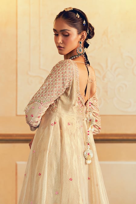 Shop_Aditi Gupta_Gold Silk, Jacquard Embroidery, Zari, Lace V-neck Zardosi Jacket And Sharara Set _Online_at_Aza_Fashions