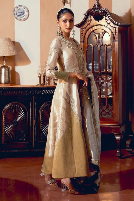 Shop Aditi Gupta Gold Jacquard, Silk Zari, Paisley Zardosi Embroidered Anarkali With Dupatta Online at Aza Fashions Shop_Aditi Gupta_Gold Jacquard, Silk Zari, Paisley Zardosi Embroidered Anarkali With Dupatta _Online_at_Aza_Fashions
