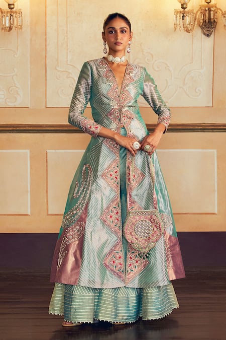 Aditi Gupta Green Silk Zari Tissue Embroidery Jacquard Banarasi Jacket With Sharara 