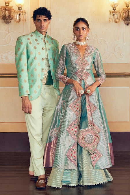 Aditi Gupta_Green Jacquard, Silk, Tissue Zari, Embroidery, Gota Patti Jacket And Sharara Set _Online_at_Aza_Fashions