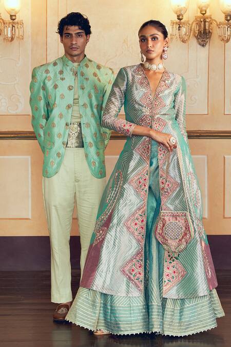 Buy_Aditi Gupta_Green Jacquard, Silk, Tissue Zari, Embroidery, Gota Patti Jacket And Sharara Set _Online_at_Aza_Fashions