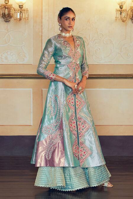 Shop_Aditi Gupta_Green Jacquard, Silk, Tissue Zari, Embroidery, Gota Patti Jacket And Sharara Set _Online_at_Aza_Fashions
