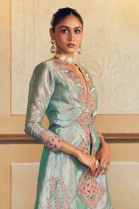 Aditi Gupta_Green Jacquard, Silk, Tissue Zari, Embroidery, Gota Patti Jacket And Sharara Set _at_Aza_Fashions