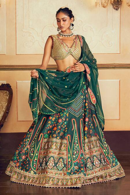 Aditi Gupta_Green Silk Organza, Jacquard Zari, Banarasi Floral Kalidar Bridal Lehenga Set _Online_at_Aza_Fashions