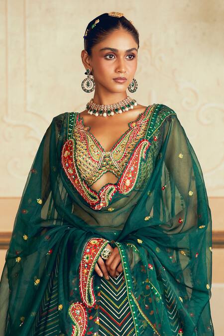 Shop_Aditi Gupta_Green Silk Organza, Jacquard Zari, Banarasi Floral Kalidar Bridal Lehenga Set _Online_at_Aza_Fashions