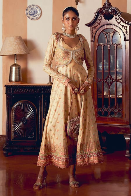 Aditi Gupta Yellow Silk Zari Tissue Embroidery Floral Jacquard Banarasi With Anarkali 