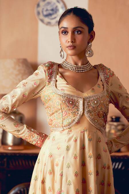 Aditi Gupta_Yellow Jacquard, Silk Zari, Embroidery, Pearls Banarasi Jacket With Anarkali _Online_at_Aza_Fashions