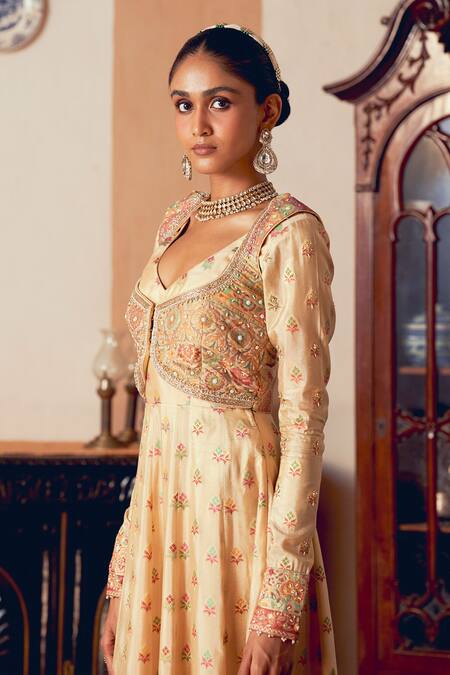 Shop_Aditi Gupta_Yellow Jacquard, Silk Zari, Embroidery, Pearls Banarasi Jacket With Anarkali _Online_at_Aza_Fashions