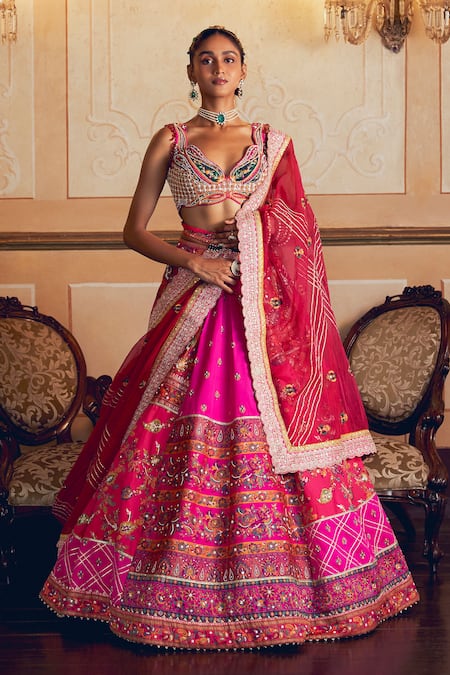 Shop_Aditi Gupta_Pink Silk Organza, Jacquard Paisley Zardosi Embroidered Bridal Lehenga Set _Online_at_Aza_Fashions