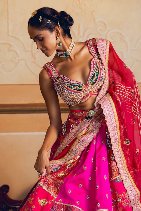Buy_Aditi Gupta_Pink Silk Organza, Jacquard Paisley Zardosi Embroidered Bridal Lehenga Set 