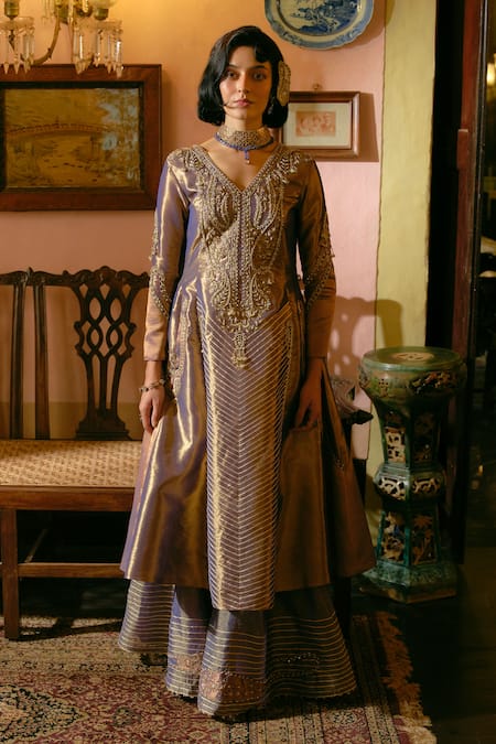 Shop_Aditi Gupta_Purple Jacquard, Silk Pearls, Diamonds, Zari Kalidar Anarkali With Sharara _Online_at_Aza_Fashions
