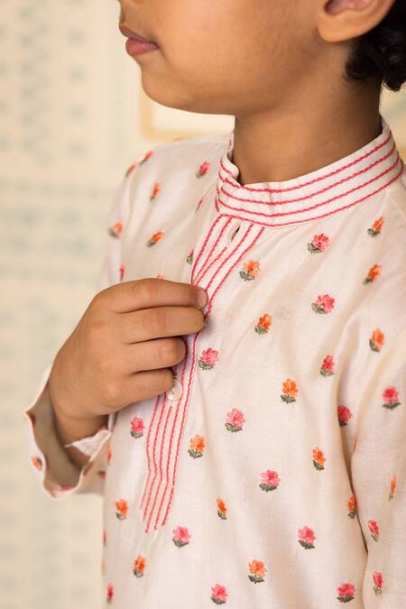 Mini Trails_Beige Cotton, Voile Embroidery Floral Thread Kurta With Pant_Online_at_Aza_Fashions