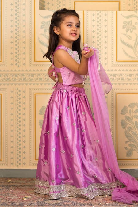 Mini Trails_Purple Silk, Cotton Embroidery, Lace Zari Butta Lehenga Set_Online_at_Aza_Fashions