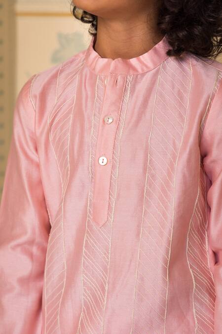 Mini Trails_Peach Cotton Embroidery Dori Work Kurta Set _Online_at_Aza_Fashions