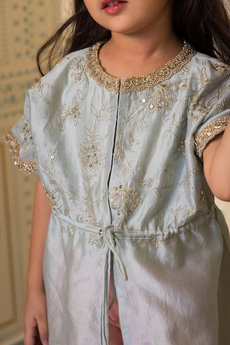 Mini Trails_Blue , Satin Embroidery, Sequins Flora Kaftan With Sharara _Online_at_Aza_Fashions