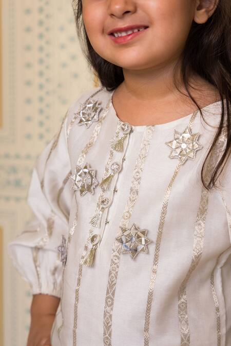 Mini Trails_Beige Cotton Zari, Embroidery Detailed Kurta With Salwar_Online_at_Aza_Fashions